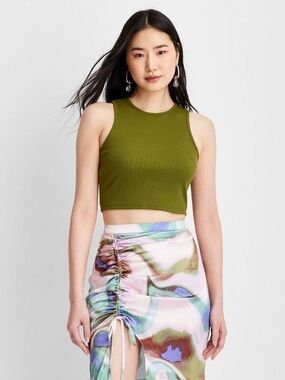 Sleeveless Ribbed Olive Crop Tank Top